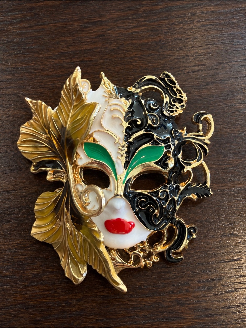 Ornate Venetian Masquerade Mask Brooch Gold Black Green Enamel 3” x 3”